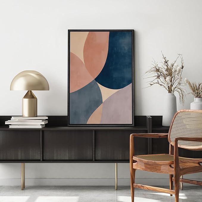 MUDECOR Framed Canvas Print Wall Art Geometric Shapes Abstract Retro Mid-Century Illustrations Fine Art Decorative Zen Multicolor Country/Farmhouse Retro for Bedroom - 24"x36" BLACK