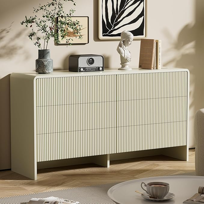 Beige 6 Drawer Dresser, 55" Wide Wood Chest of Drawers with Curved Design, Modern Fluted Dresser with Push-to-Open Storage for Bedroom