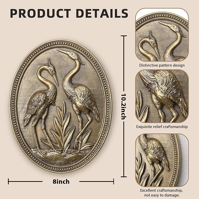 Vintage Crane Wall Sculpture, Antique Wall Decor, Crane Wall Art, Hand Painted Wall Decoration with Embossed Couple Birds Design, Vintage Wall Decor for Living Room Bedroom Dining Room Hallway, Housewarming Gifts