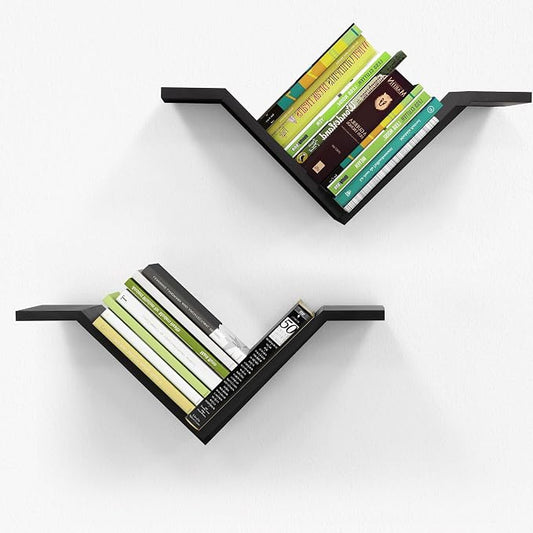 Book Shelf for Wall Set of 2, Modern Hanging Bookshelf Wall Mounted Desktop Book Shelves Black Organizer for Bedroom Livingroom Office