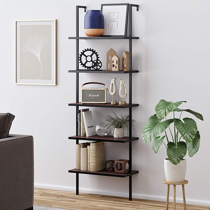 Nathan James Theo Industrial Pipe 3-Shelf & 5-Shelf Ladder Bookshelves, Rustic Oak/Matte Black and Brown Walnut/Black