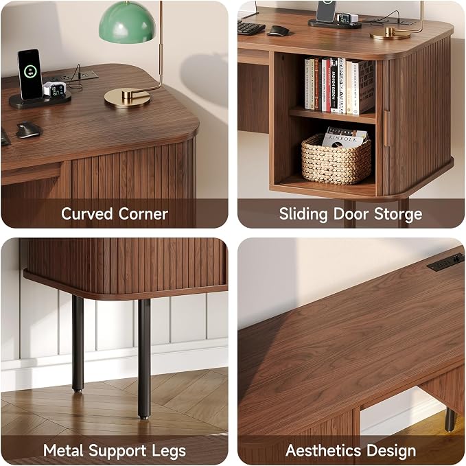 63 Inch Fluted Computer Desk with Power Outlets,Mid Century Wood Office Desk with Storge Cabinets & Sliding Door,Large Executive Desk for Office, Study, Living Room, Bedroom, Walnut
