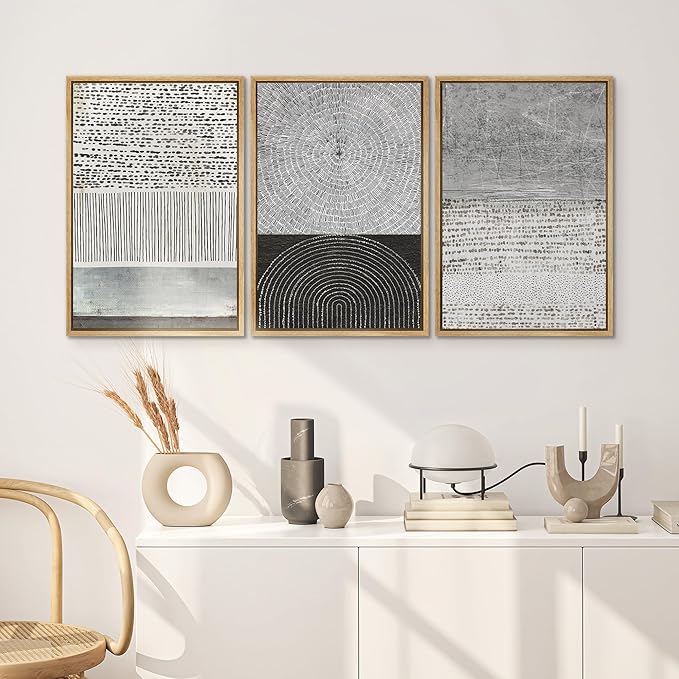 SIGNWIN Framed Canvas Print Wall Art Set Industrial Black & Gray Collage Abstract Geometric Illustrations Minimalism Modern Art Decorative Boho for Living Room, Bedroom, Office - 16"x24"x3 Natural