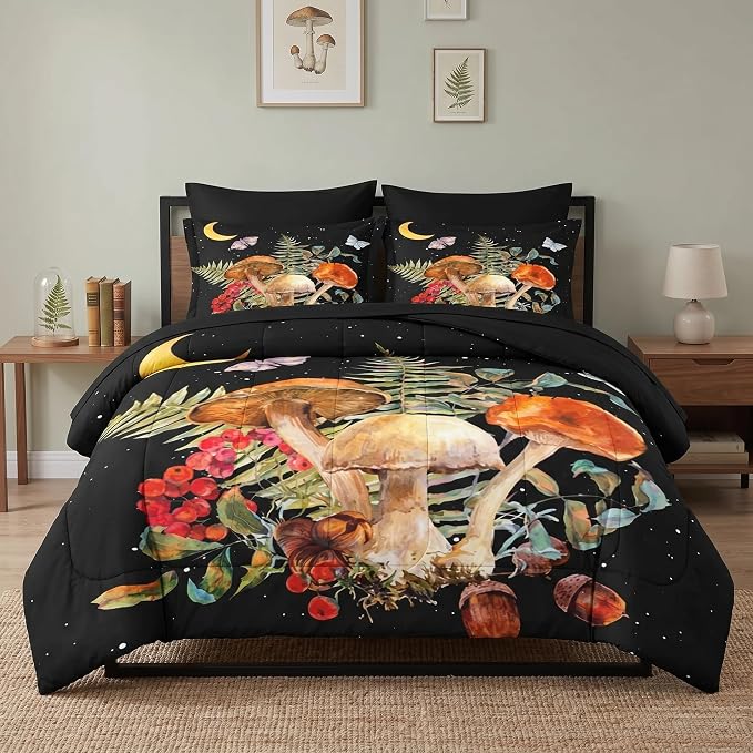 WeCozy 5 Pcs Twin Size Comforter Set with Pillowcase & Sham, Vintage Mushroom Moon Bedding for Kids and Adults, Butterfly Leaves Fern Bed in a Bag with Flat Fitted Sheet