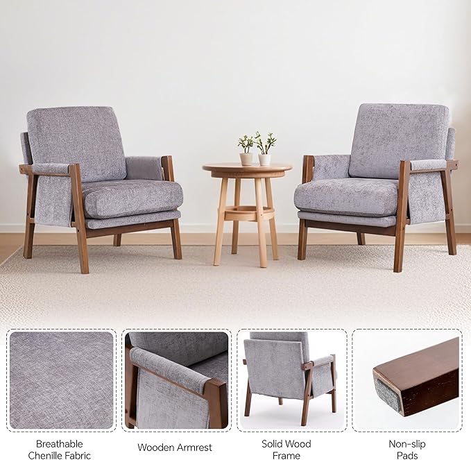 Mid Century Modern Accent Chairs Set of 2 with Solid Wood Frame, Upholstered Living Room Chairs with Wide Armrest, Chenille Fabric Lounge Reading Arm Chair for Bedroom, Reading Room, Gray