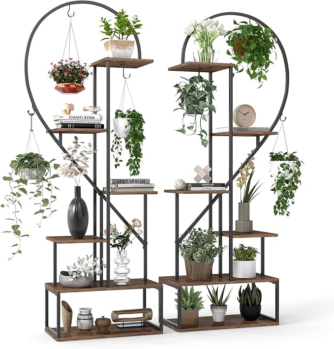 Giantex 6 Tier Tall Plant Stand Indoor, Metal Heart Shaped Plant Shelf for Plants Multiple with 6 Hanging Hooks & 12 Boards, Heavy-duty Metal Frame, Large Ladder Display Rack for Living Room Balcony Patio Art Studio, 2 Pack