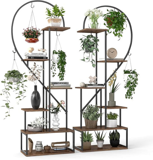 Giantex 6 Tier Tall Plant Stand Indoor, Metal Heart Shaped Plant Shelf for Plants Multiple with 6 Hanging Hooks & 12 Boards, Heavy-duty Metal Frame, Large Ladder Display Rack for Living Room Balcony Patio Art Studio, 2 Pack