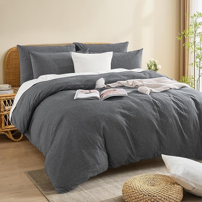 NEXHOME PRO Duvet Cover King 100% Washed Cotton, Heathered Black Breathable, Durable, Textured, Linen Like, Home Bedding Set 104"x90"