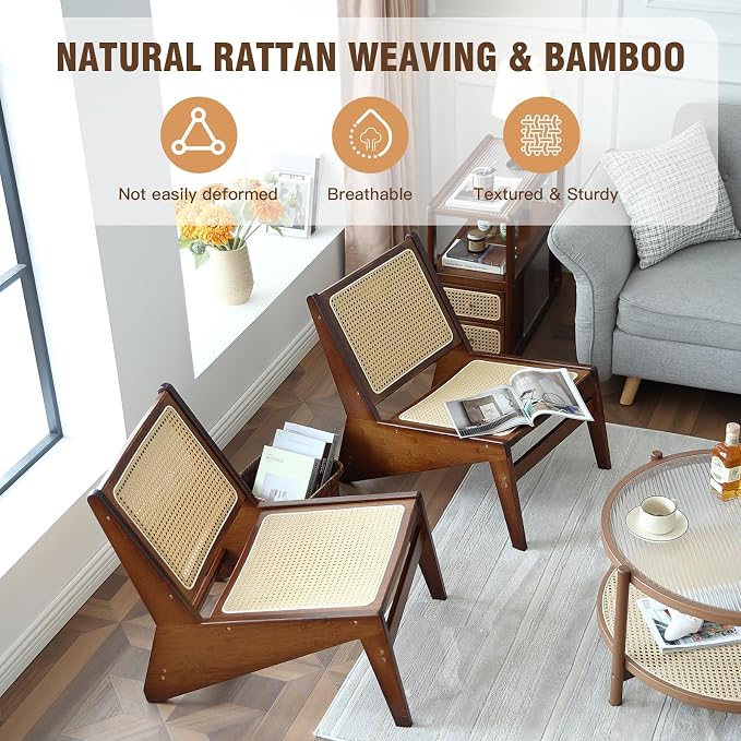 Welnow 2-Pcs Mid Century Rattan Accent Chair, Bamboo Wood Lounge Chair with Woven Cane Backrest, Low Armchair for Living Room, Bedroom, Balcony or Reading Corner, Walnut