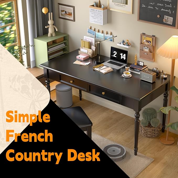 Solid Wood French Country Desk,Writing Desk with Storage Drawers,Farmhouse Computer Table Makeup Table Modern Simple Style,for Home Office Living Room Study Workspace Bedroom (Black, 47.2IN)