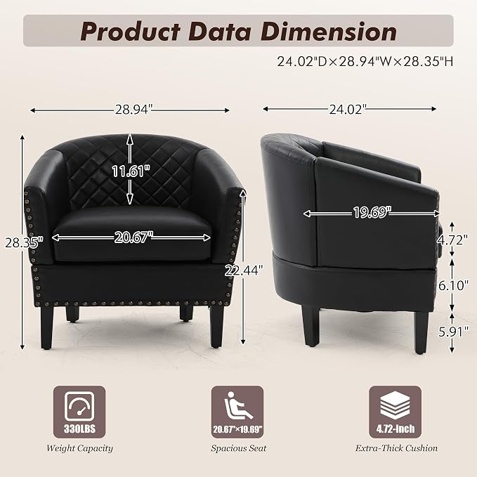 QQU Barrel Accent Chair, Retro PU Leather Club Chair with Nail-Heads, Upholstered Armchair for Living Room, Bedroom, Waiting, Office (Black)