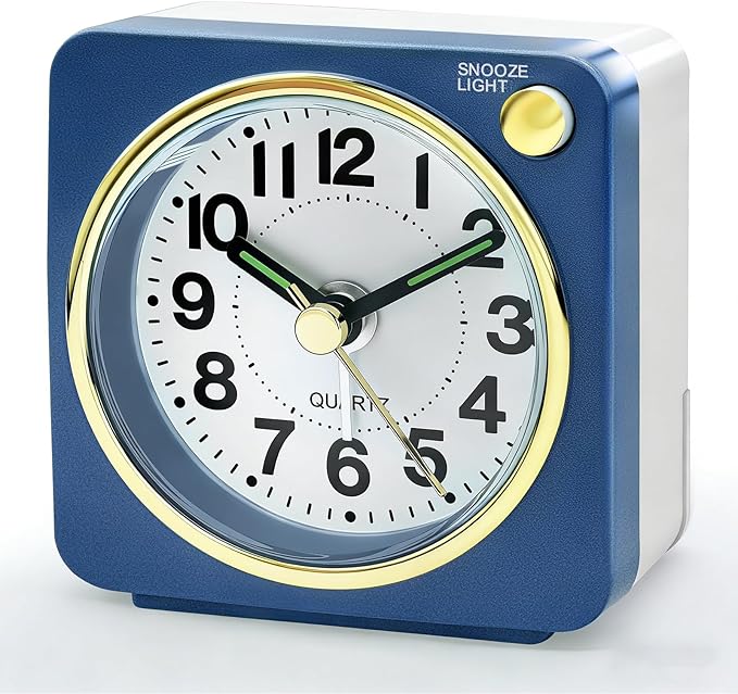 Lamisola Mini Travel Alarm Clock, Small Battery Analog Alarm Clock, Bedside Desk Clocks for Bedrooms, Vintage Home Decor for Bathroom Kichen Office Room, Sapphire Blue