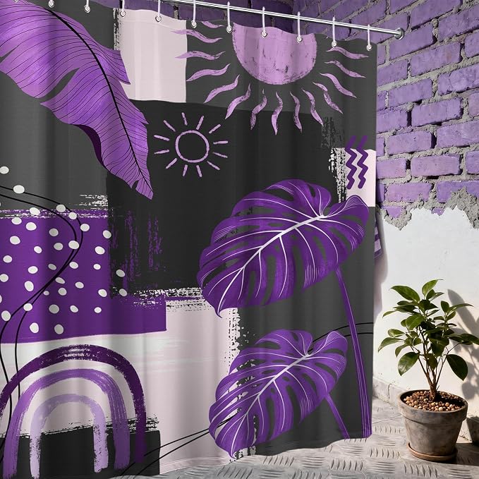 Small Stall Narrow Shower Curtain Purple and Gray Stand Up Dark Purple and Grey Abstract Shower Curtains for Rv Camper Bathroom Decor Sets, Waterproof Cloth Fabric with Hooks, 48 x 72 Inch