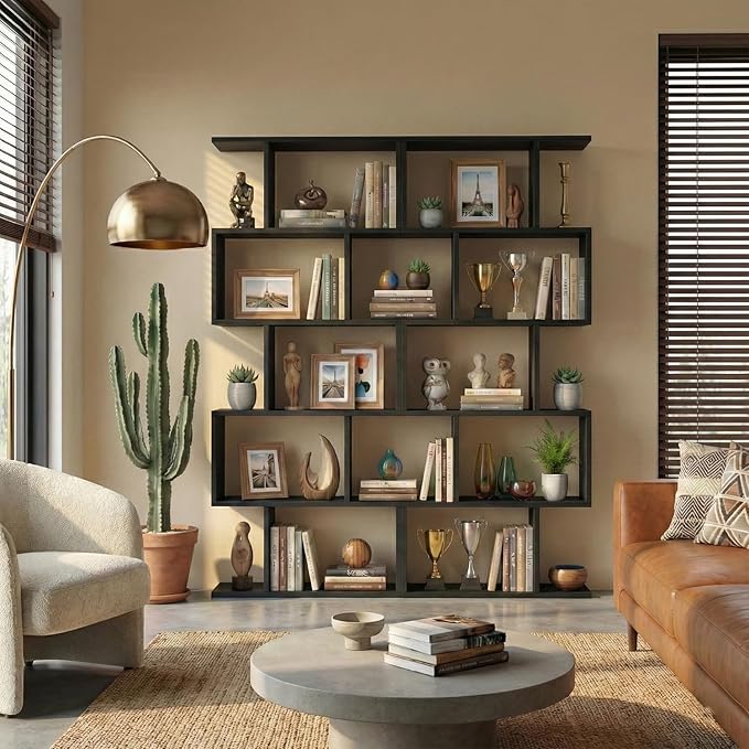 5-Tier Geometric Bookcase (Set of 2), 62.6" Tall S-Shaped Bookshelf & Room Divider, Modern Black Freestanding Display Shelving Unit for Living Room, Hallway, Home Office