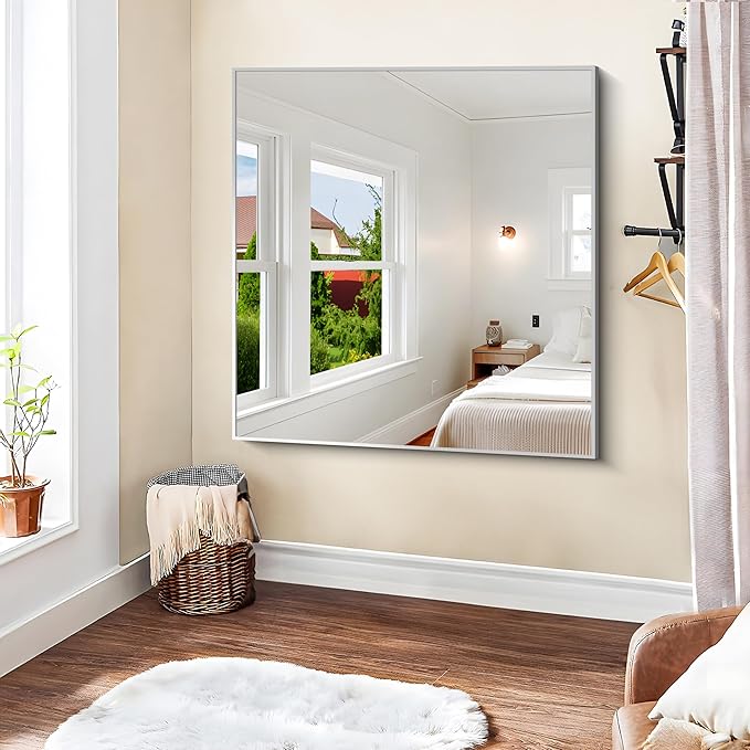 KOCUUY Silver Mirror, 42"x42" Square Bathroom Mirror for Wall, HD Tempered Glass, Anti-Rust Frame, Modern Design for Bathroom, Bedroom, Living Room, Entryway