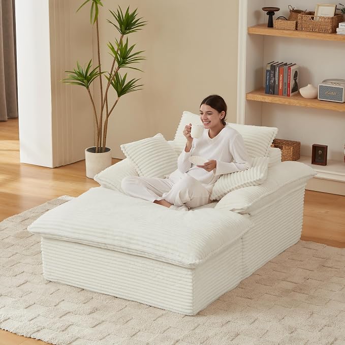 52" Boneless Chaise Lounge – Oversized Chaise Lounge Chair Indoor with Ottoman, Cup Holder & 3 Pillows, Corduroy 3-in-1 Floor Sleeper Chair Bed for Adults, Reading, Napping,White
