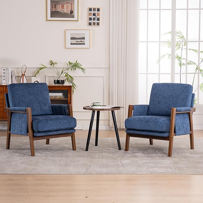 Mid Century Modern Accent Chair with Wood Frame, Upholstered Living Room Chairs with Wide Armrest, Chenille Fabric Comfy Arm Chair for Bedroom, Reading Room, Balcony, Navy