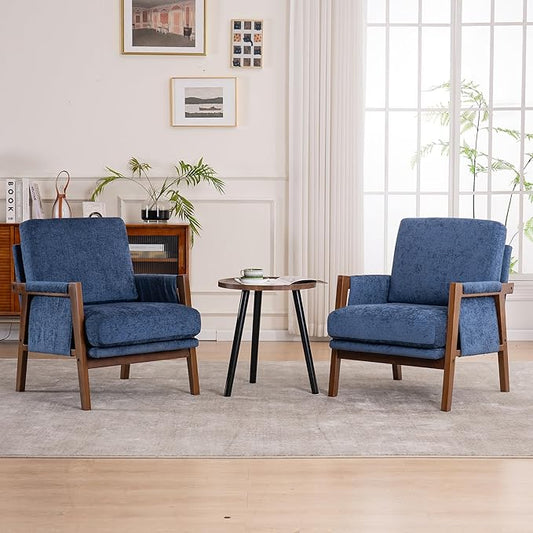 Mid Century Modern Accent Chair with Wood Frame, Upholstered Living Room Chairs with Wide Armrest, Chenille Fabric Comfy Arm Chair for Bedroom, Reading Room, Balcony, Navy