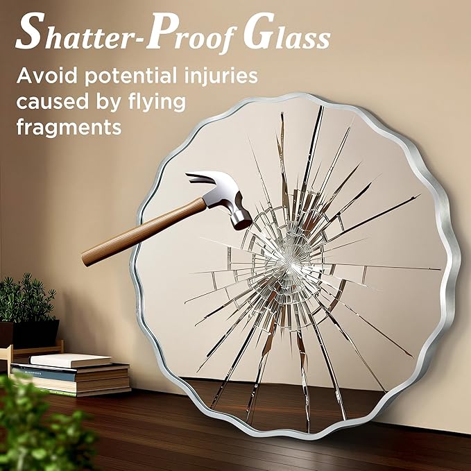 Silver Round Mirror for Wall, 24"x24" Decorative Wavy Bathroom Mirror with Brushed Alloy Steel Frame & Shatter-Proof Glass, Hanging Circle Wall Mirrors for Bathroom, Entryway, Bedroom