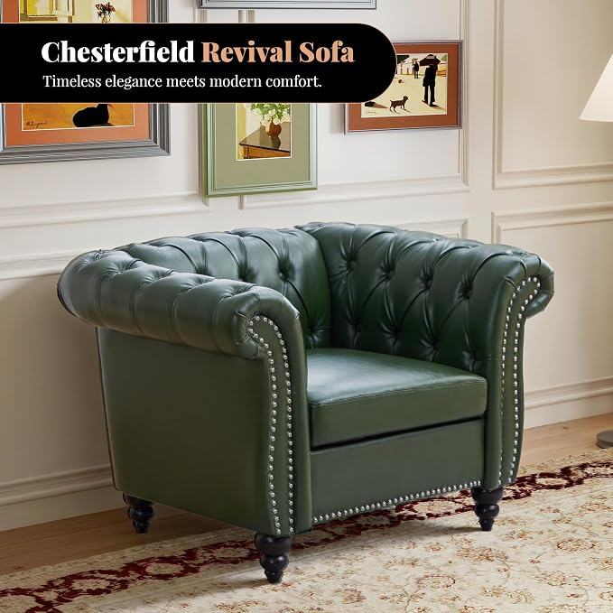 LEVNARY Chesterfield Armchair, Tufted Leather Accent Chair, Mid-Century Modern Single Chair with Rolled Arms and Nailhead Trim, PU Leather Reading Chair for Living Room (Green)