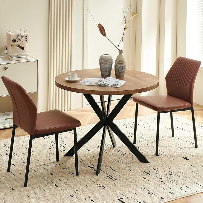 Dining Chairs Set of 2, Brown PU Leather Dining Chairs, Comfortable Upholstered Armless Kitchen Chairs with Black Metal Legs for Living Room, Dining Room, Kitchen