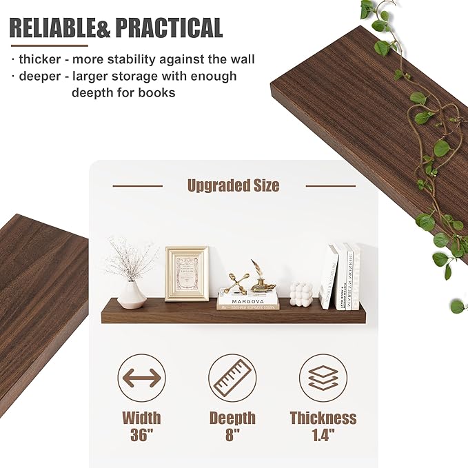 Floating Shelves for Wall, USA-Sourced Sapele Wood 36 Inch Long Wall Shelves Set of 2, Natural Wooden Mounted Picture Ledge Shelf, Nursery Book Storage Shelf Kids Bookshelf, Display Shelf for Bathroom