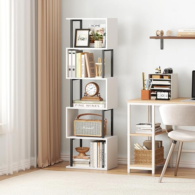 Yusong Bookshelf 5-Tier, Geometric Bookcase S Shaped Book Shelves for Bedroom, Modern Wood Decorative Display Shelf Book Case for Home Office, White and Black