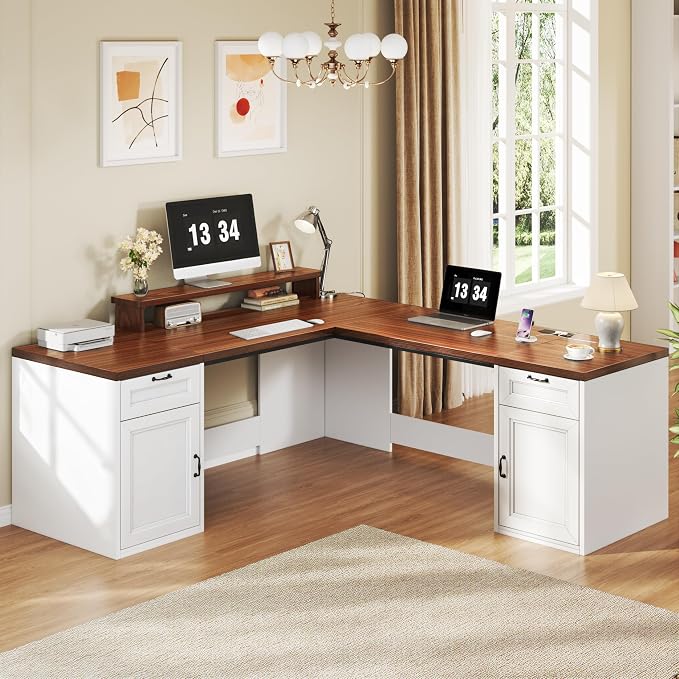 HUAHUU 78" Farmhouse L Shaped Executive Desk with Drawers, Modern Computer Desk with Power Outlets, Office Writing Desk with Monitor Stand & Storage Cabinet, Printer Shelf, Antique White