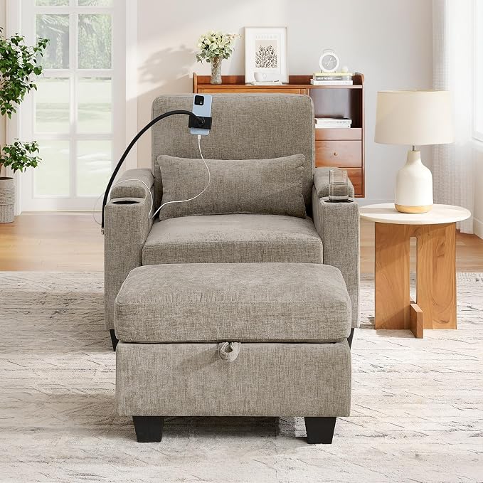 Small Chaise Lounge Chair Indoor with Ottoman&Adjustable Backrest,Chenille Tufted Recliner Comfy Sofa Chair with USB,Phone Holder&Storage Arms,Convertible Sleeper Couch Bed for Living Room(37"W,Brown)