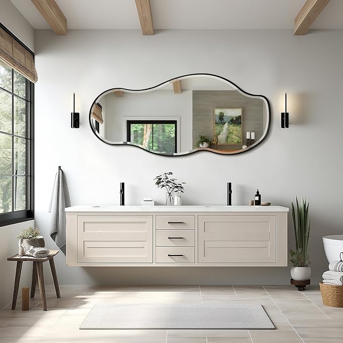 POZINO Large Irregular Beveled Mirror, 63"x28.5" Asymmetrical Accent Wall Mirror with Metal Frame, Organic Full Length Mirrors for Entryway Hallway Living Room Bedroom, Horizontal/Vertical Hanging