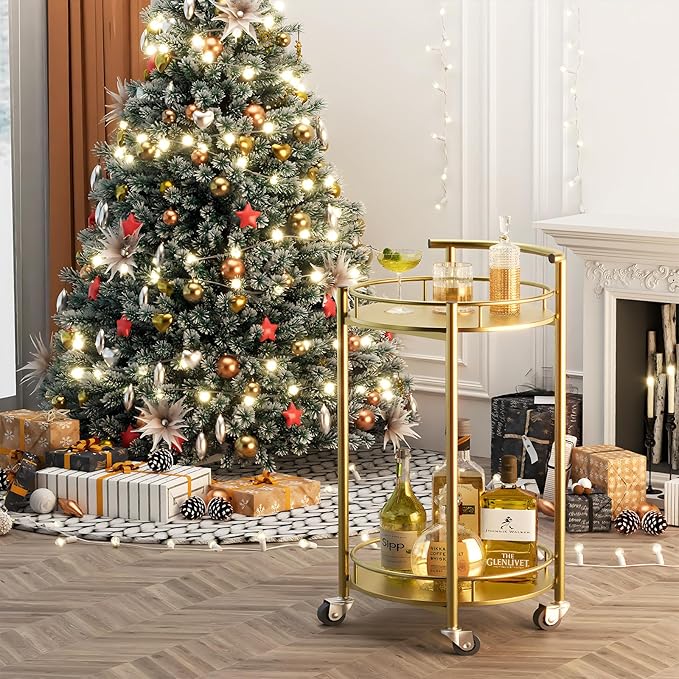 Bar Cart Gold Rolling Cart for Home,2 Tiers Bar Serving Cart Round Wine Cart with Handle, Metal Wine Rack and Casters, Serving Bar Trolley for Home Kitchen,Living Room,Christmas,New Year