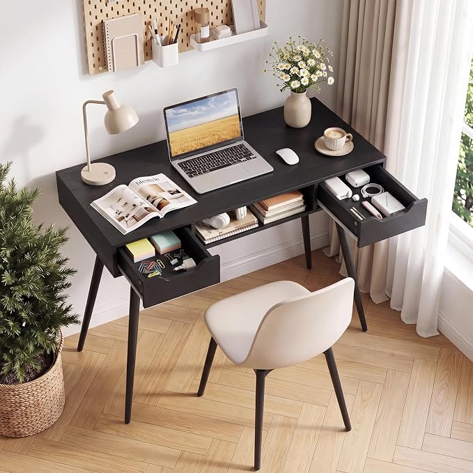 Giantex Mid Century Modern Computer Desk with Drawers, 42.5" Writing Desk with Open Storage Cubby, Vanity Table with Metal Leg, Compact Wooden Study Table for Small Spaces Home Office (Black)