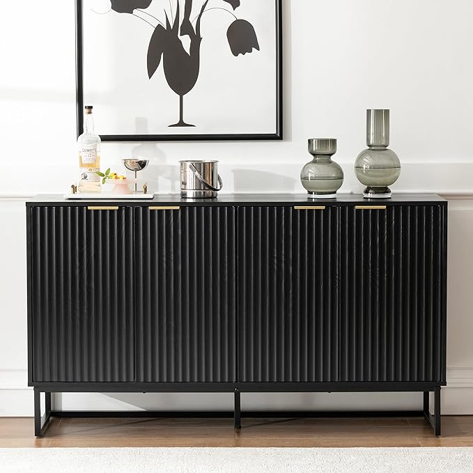 Fluted Storage Cabinet with 4 Doors, 55" Large Sideboard Buffet Cabinet with Adjustable Shelves Kitchen Wooden Credenza Coffee Bar Console Table for Dining Room Living Room, Black