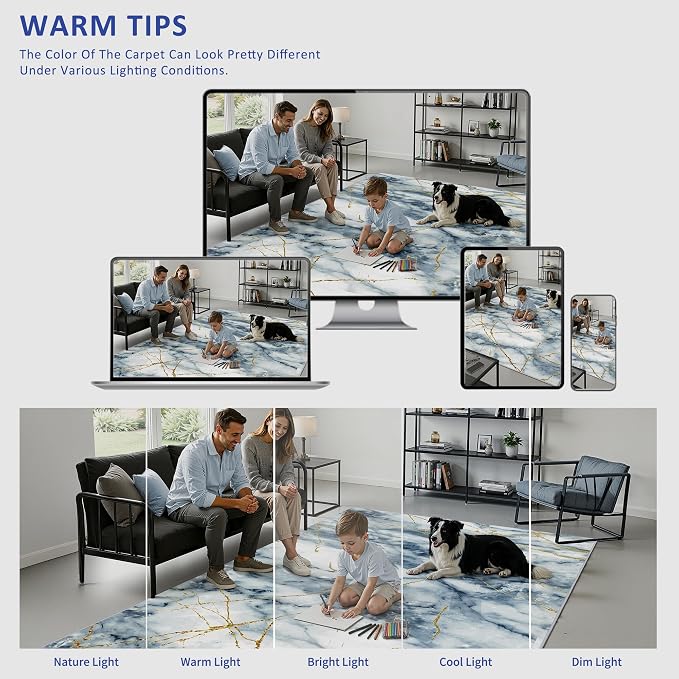 Merelax 5x8 Abstract Rug for Livingroom Bedroom - Washable Non-Slip Modern Area Rug, Indoor Floor Carpet Low Pile Soft Rug for Dining Room, Mudroom, Aesthetic Geometric Decor, Blue/Gold