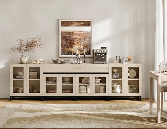 WAMPAT 4 in 1 Storage Cabinet with Glass Doors, Modern Sideboard with Adjustable Shelves and 2 Drawers, Coffee Bar Cabinet with Metal Baes for Living Room, Kitchen, Light Oak