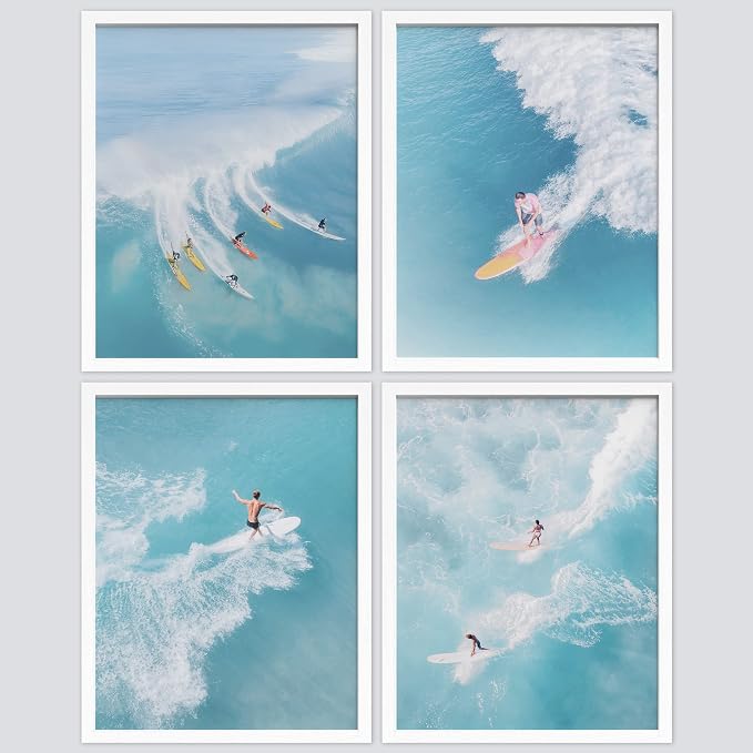 SIGNWIN Framed Ocean Nautical Landscape Wall Art, Set of 4 Surfing Surfboard Aerial View Wall Decor Prints, Nature Wilderness Wall Décor for Living Room, Bedroom - 8"x10"x 4 White