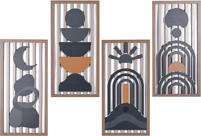 SHENGTIAN Boho Wall Art Set of 4 Modern Minimalist Wooden Narrow Vertical Blue Wall Decor, Abstract Geometric Wood Wall Art, Unique Hanging Room board wall mounted sculpture [E style - cool color]