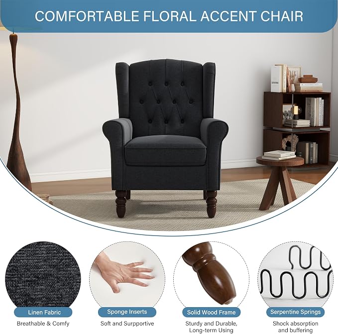 High Back Accent Chairs Set of 2, Upholstered Armchair in Fabric, Retro Wingback Arm Chair for Living Room, Comfy Single Sofa Bedroom Reading Seat with Solid Wood Legs - Black Blue