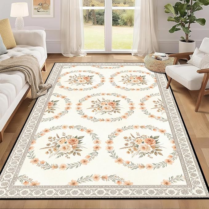 5'x7' Boho Floral Area Rug Vintage Peach Rose Carpet Non-Slip Washable Floor Mat Neutral Aesthetic Botanical Rug for Bedroom Living Room Nursery Kitchen Playroom Home Decor