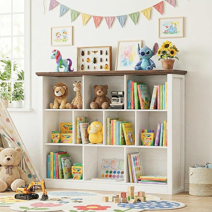Unikito 10 Cube Storage Book Shelf - 50" Wide Wood Cube Storage Organizer, Wooden 3 Tiers Floor Standing Low Bookcase for Living Room, Bedroom, Home Office, Kids Room, Rustic White and Brown