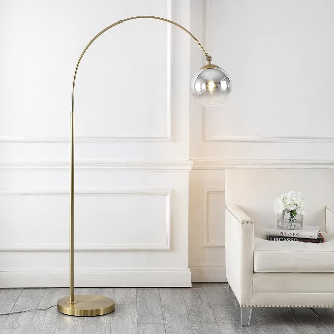 JONATHAN Y 71" Brass Gold Nora Arc Floor Lamp, Mid-Century Modern Standing Light, Vintage Iron LED Arched Reading Lamp with Mercury Glass Shade, LED Bulb Included JYL3089A