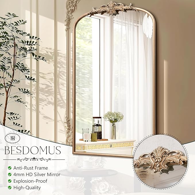 Besdomus Vintage Gold Wall Mirror: 24"x42" Large Arch Champagne Gold Antique Wall Mounted Mirror - Traditional Ornate Home Decor for Entryway/Fireplace/Bathroom - Baroque Idea for Housewife