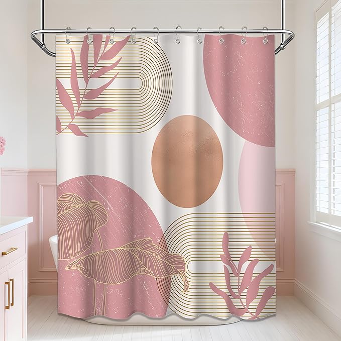 Blush Pink Shower Curtain Light Pink and White Shower Curtains for Bathroom Decor Abstract MCM Bath Curtain Set, Waterproof Fabric with Hooks 60 x 72 Inch