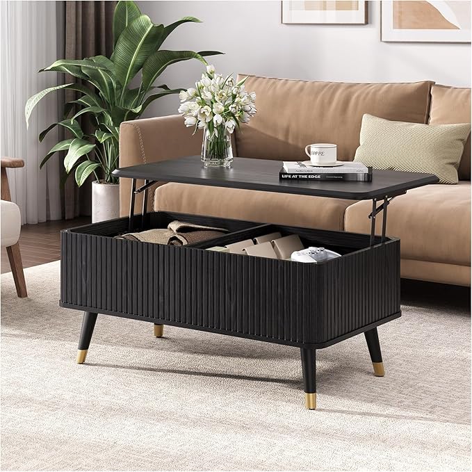 Lift Top Coffee Table with Storage, Mid Century Modern Rectangular Center Table, Fluted Design with Hidden Compartment, Rising Desk for Work from Home, Living Room Furniture, Black Finish