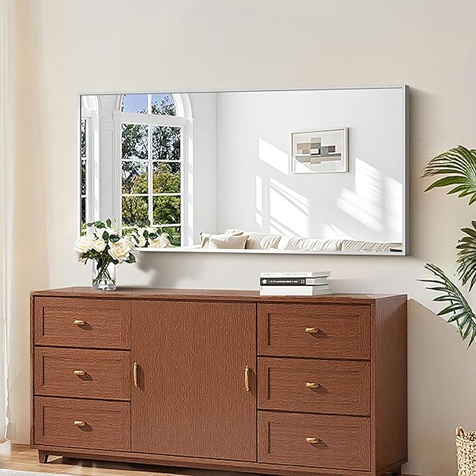 KOCUUY Silver Bathroom Mirror, 48"x24" Rectangle Bathroom Mirror for Wall, HD Tempered Glass, Anti-Rust Brushed Silver Frame, Modern Design for Bathroom, Bedroom, Living Room, Entryway.