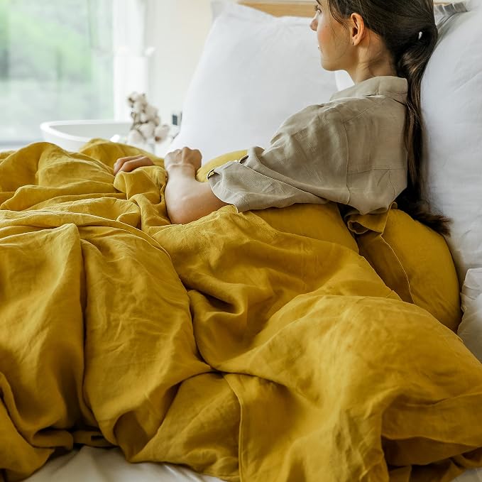 Simple&Opulence 100% Linen Duvet Cover Set 3pcs with Coconut Button Closure Natural French Washed Flax Solid Color Soft Breathable Farmhouse Bedding - Mustard Yellow, King Size