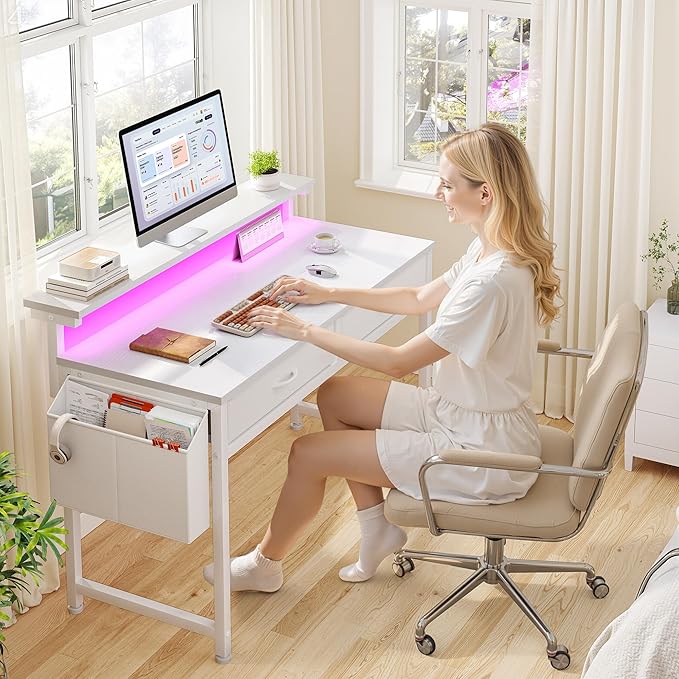 DurayLoly Computer Desk with 2 Drawers & LED Lights,39.4 Inch Home Office Desks with Side Pocket and Monitor Stand,Study Writing Table for Small Spaces,White
