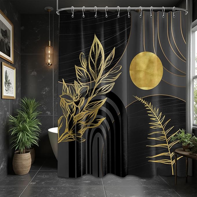 Black and Gold Shower Curtain Boho Mid Century Black and Dark Grey and Gold Shower Curtains for Bathroom Decor, Waterproof Cloth Fabric with Hooks, 60" W x 72" L