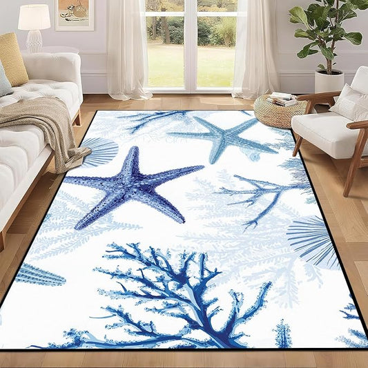 Coastal Starfish Rug 4'x6' Blue Ocean Area Rug Coral Seashell Floor Mat Washable Low Pile Carpet for Bedroom Living Room Kitchen Nursery Playroom Home Decor