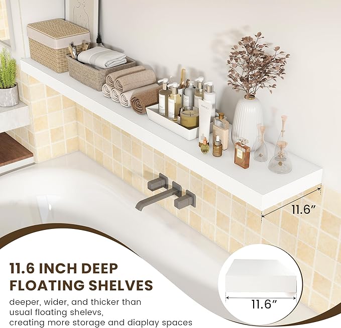 72 Inch White Floating Shelf | 12 Inch Deep Floating Shelves Set of 1 | 72" D x 12" D Rustic Wood Shelves for Wall | Deep White Shelves for Living Room Bathroom Laundry Room Kitchen